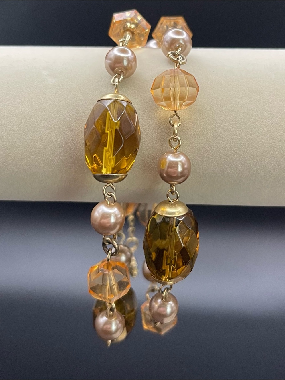 Vintage Amber Faceted Crystal & Faux Pearl Statement Beaded Bracelet Gold Tone